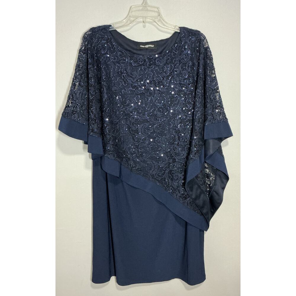 Karl Lagerfeld Paris Navy Blue Sequin Capelet Poncho Sheath Dress Large